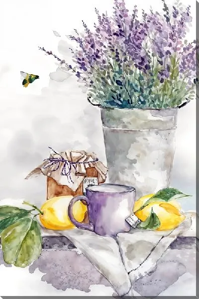 Картина маслом Лаванда в вазе с пчелами и лимонами