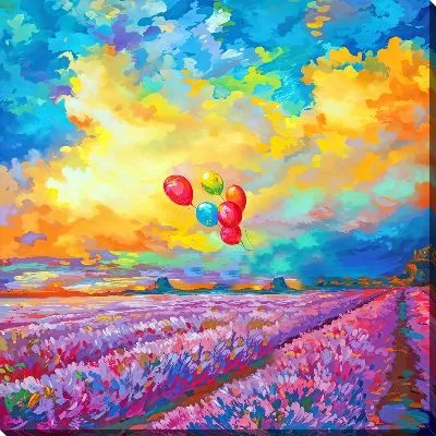 Девочка с воздушными шарами на лавандовом поле