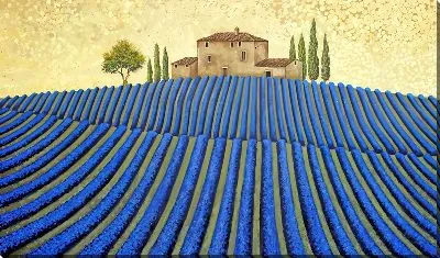 Дома на возвышенности перед лавандовым полем