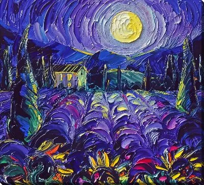 Картина маслом Ночной пейзаж в Провансе с лавандой