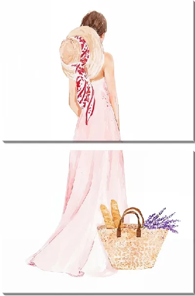Модульная картина Девушка в платье с корзиной лаванды