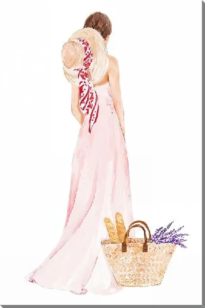 Картина маслом Девушка в платье с корзиной лаванды