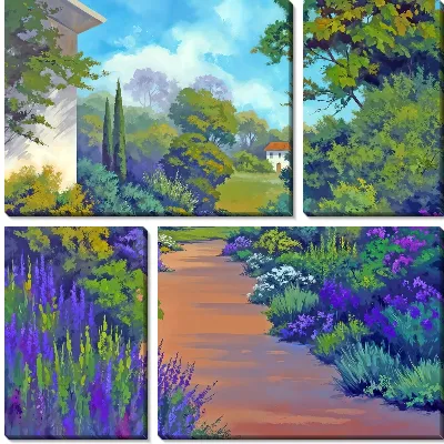 Модульная картина Летний пейзаж в Провансе с тропинкой между лавандой