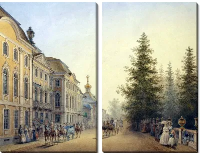 Картина Придворный выезд от главного подъезда Большого дворца в Петергофе (The court departure from the main entrance to the Grand Palace in Peterhof)