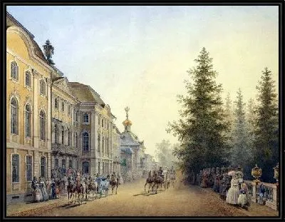 Придворный выезд от главного подъезда Большого дворца в Петергофе (The court departure from the main entrance to the Grand Palace in Peterhof)