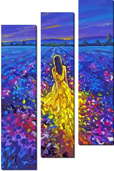 Модульная картина Девушка в желтом плане на лавандовом поле