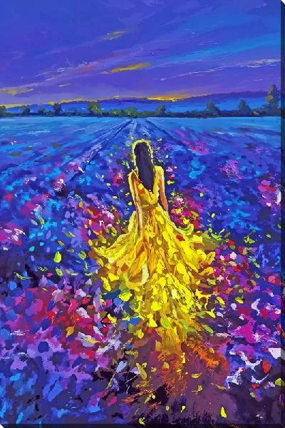 Постер Девушка в желтом плане на лавандовом поле