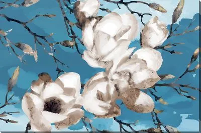 Картина маслом Белые магнолии на синем фоне