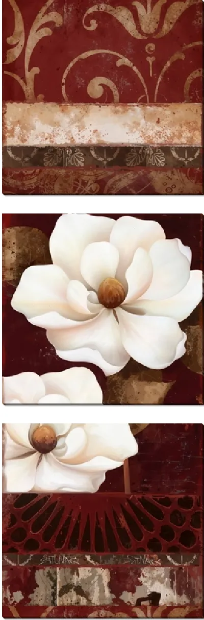 Модульная картина Два белых цветка магнолии на бордовом фоне