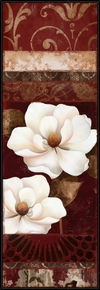 Картина Два белых цветка магнолии на бордовом фоне