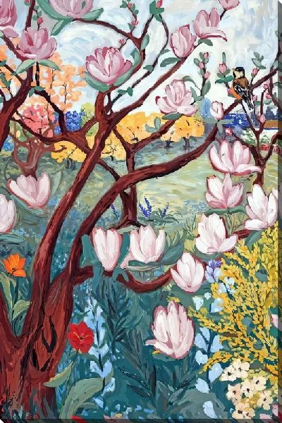 Картина маслом Пейзаж с магнолией и птицей