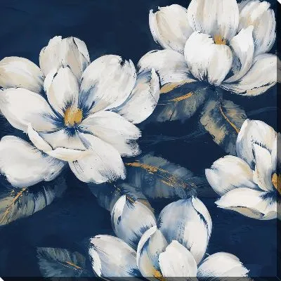 Картина маслом 4 магнолии на синем фоне