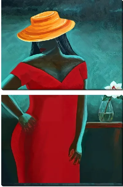 Модульная картина Африканка в шляпе и красном платье и магнолией в стакане