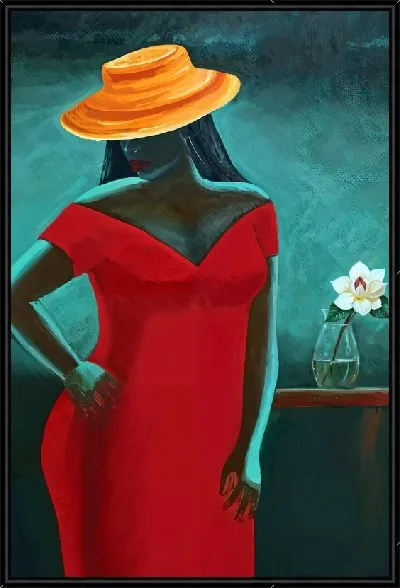 Картина Африканка в шляпе и красном платье и магнолией в стакане