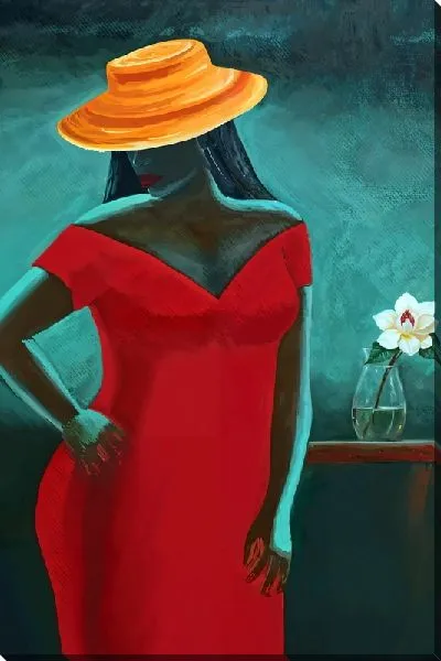 Постер Африканка в шляпе и красном платье и магнолией в стакане