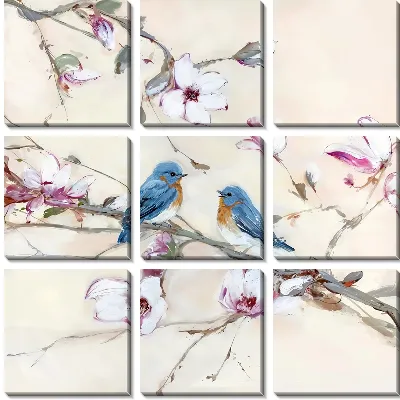 Модульная картина Две птицы на ветке с магнолией