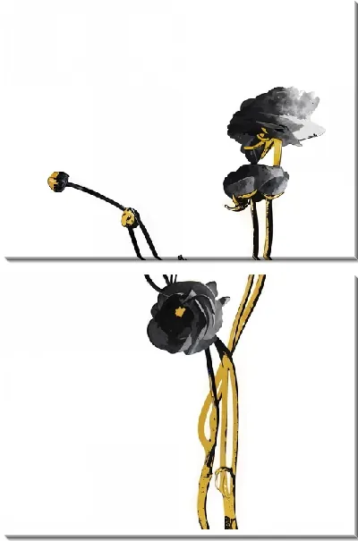 Модульная картина Черные цветки на золотых стеблях