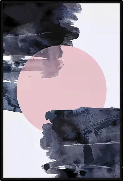 Картина Японский мотив с розовым кругом и черными мазками