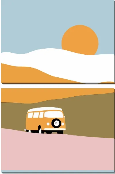 Модульная картина Желтый автомобиль на фоне гор и Солнца