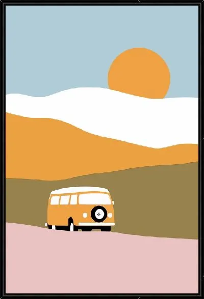 Картина Желтый автомобиль на фоне гор и Солнца