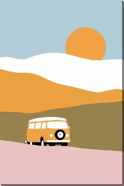 Постер Желтый автомобиль на фоне гор и Солнца