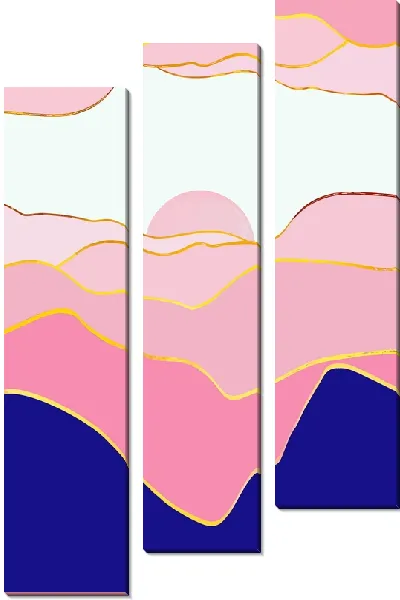 Модульная картина Розовые горы в золотой обводке