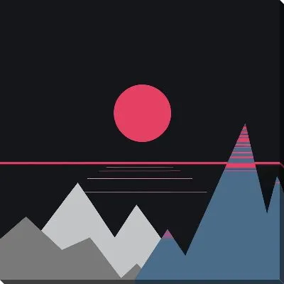 Картина маслом Розовое Солнце на черном фоне с горами