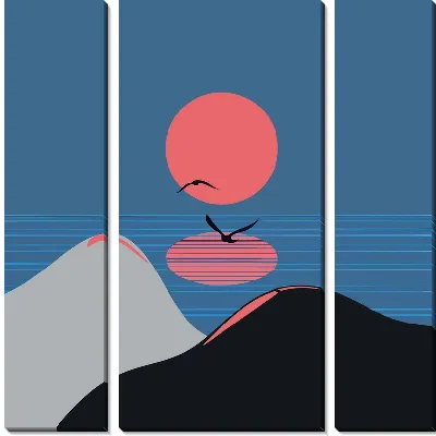 Модульная картина Розовое Солнце с отражением и летящими птицами