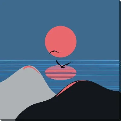 Картина маслом Розовое Солнце с отражением и летящими птицами