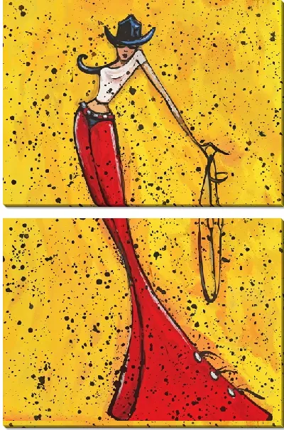 Модульная картина Девушка-ковбой в красном платье