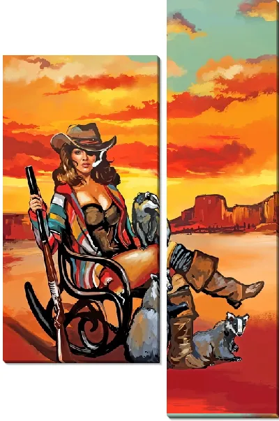 Модульная картина Ковбой на кресле-качалке и скунсы