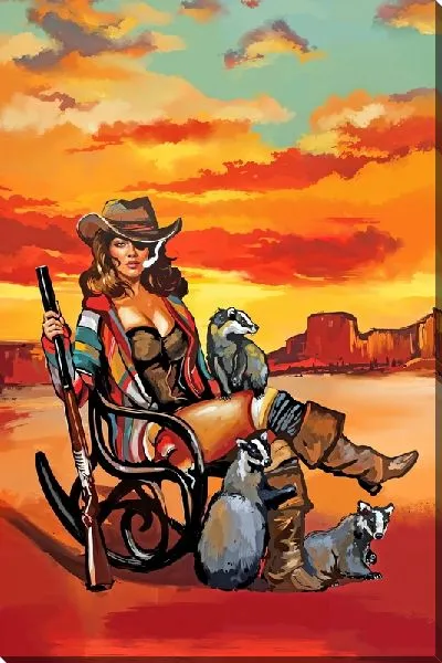 Картина маслом Ковбой на кресле-качалке и скунсы