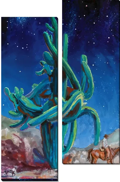 Модульная картина Огромный кактус и ковбой