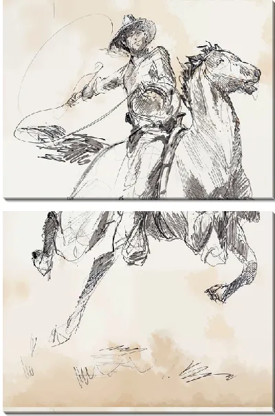 Модульная картина Ковбой с лассо на лошади №2