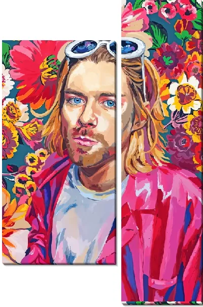 Модульная картина Курт Кобейн на фоне цветов