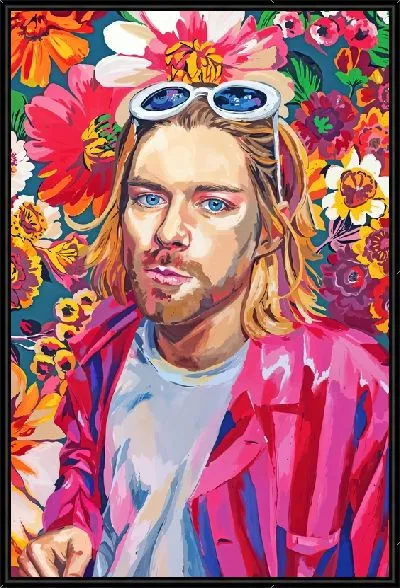 Картина Курт Кобейн на фоне цветов
