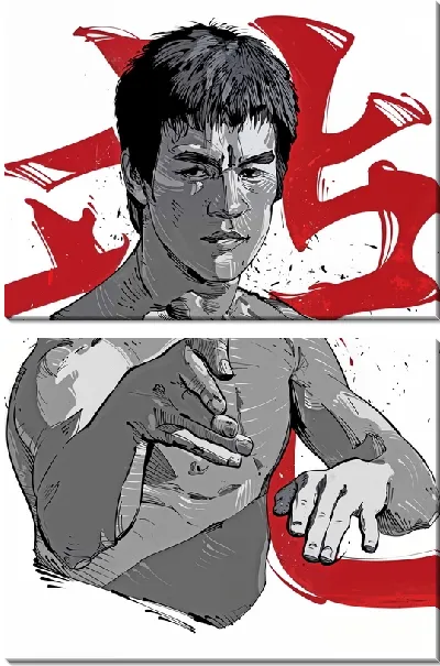 Модульная картина Брюс Ли на фоне иероглифа