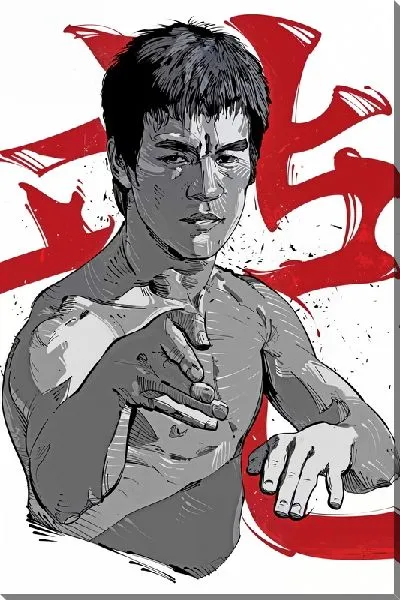 Постер Брюс Ли на фоне иероглифа