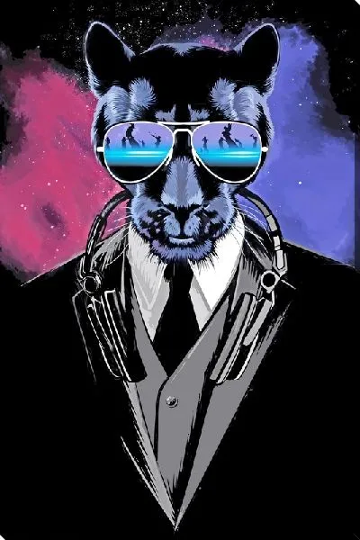 Картина маслом Модная пантера в темных очках и костюме с наушниками