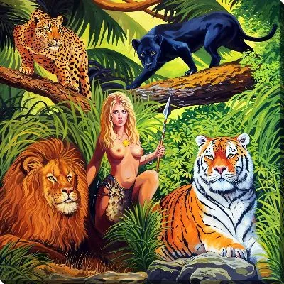Картина маслом Девушка-амазонка с дикими животными