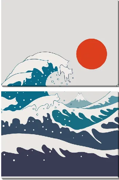 Модульная картина Кошки на гребне волны под Солнцем