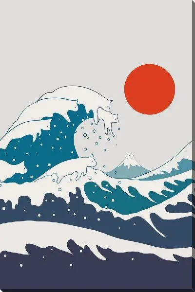 Картина маслом Кошки на гребне волны под Солнцем