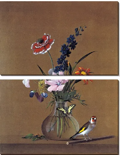 Картина Букет цветов, бабочка и птичка