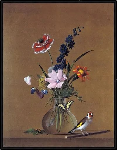Картина Букет цветов, бабочка и птичка