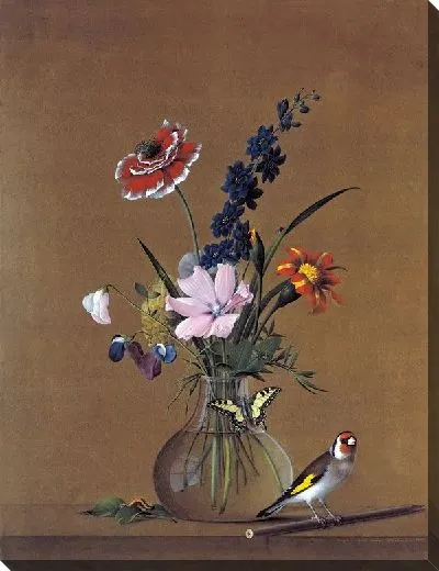 Картина Букет цветов, бабочка и птичка