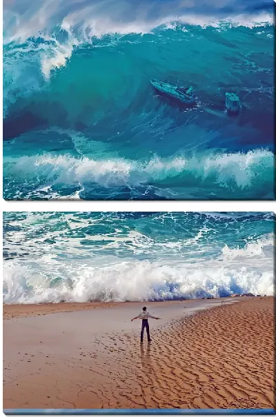 Модульная картина Человек на пляже перед огромной волной