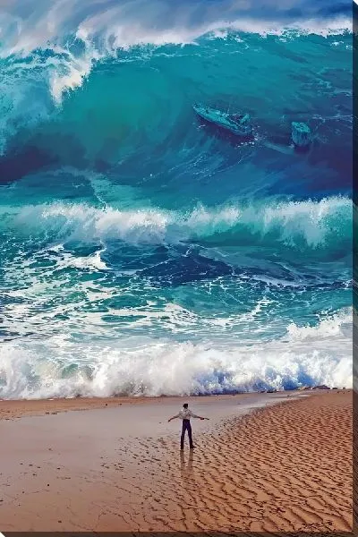 Картина маслом Человек на пляже перед огромной волной