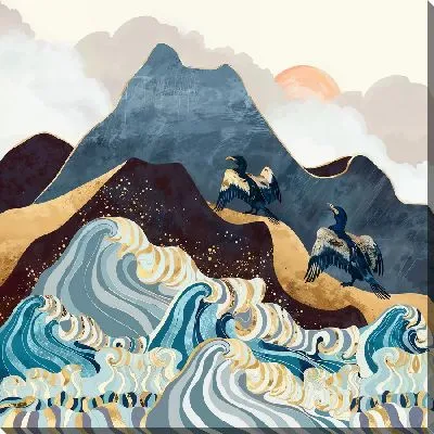 Картина маслом Птицы у подножья гор и волн