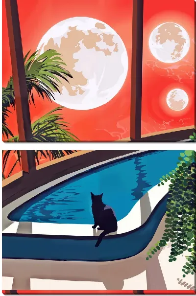 Модульная картина Кошка у бассейна и на фоне планет