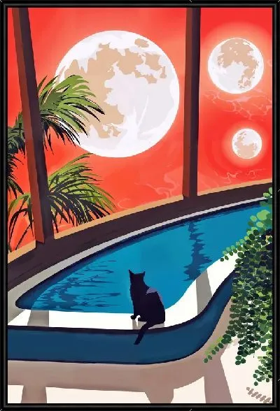 Картина Кошка у бассейна и на фоне планет
